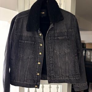 Maje Charcoal Denim Jacket with Removable Sherpa Collar